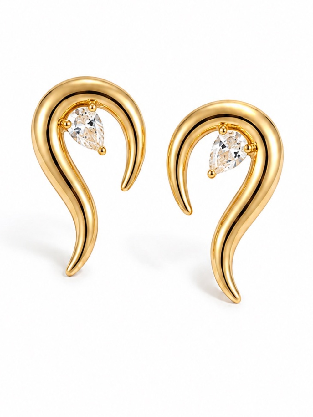 Teardrop Swirl Stud Earrings Gold Clear Stone 316 Stainless Steel Question Mark